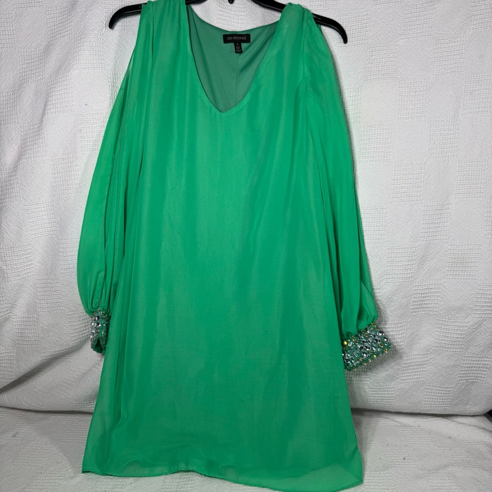 Jodi Kristopher Vibrant‎ Green Tunic Dress S Embellished Sleeves Slit Sleeves